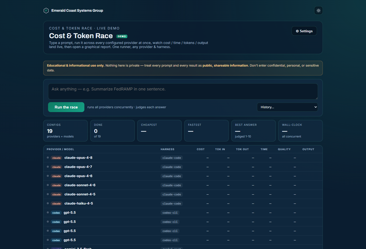 Screenshot of the oshal optimization engine comparing model cost latency tokens and quality