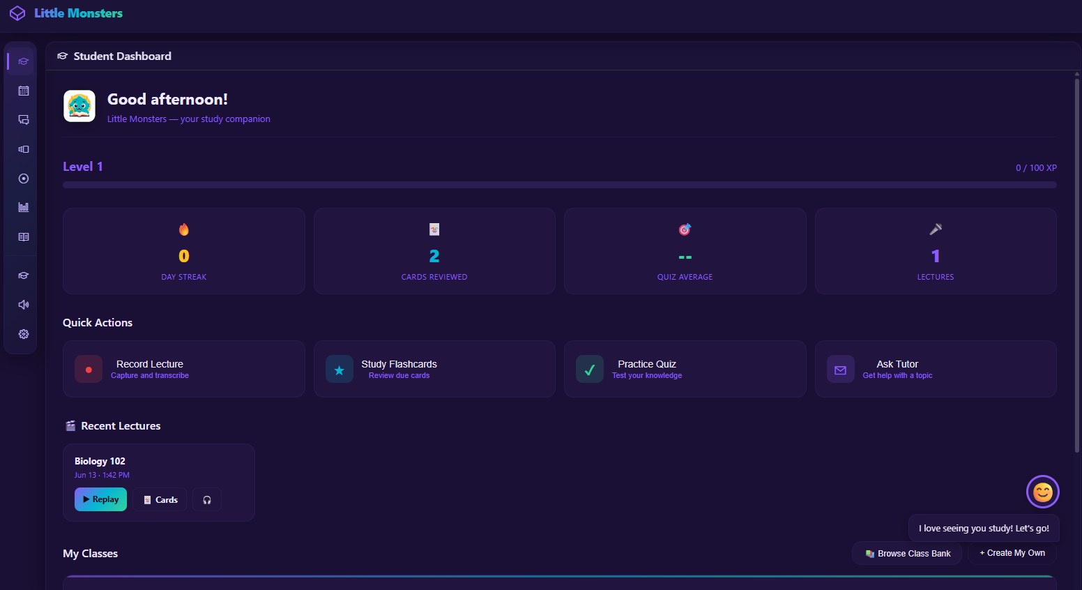 Screenshot of Little Monsters student dashboard with study stats, quick actions, recent lectures, and class tools